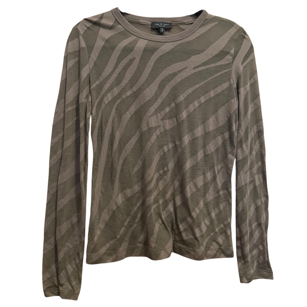 Rag & Bone Valencia Zebra Burnout Long Sleeve Top Olive Green Small Animal Print